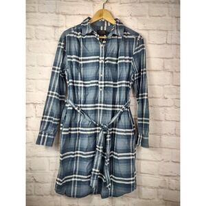 Pendleton Cotton Shirt Dress Blue Plaid Medium Petite Button Up Belted Pockets